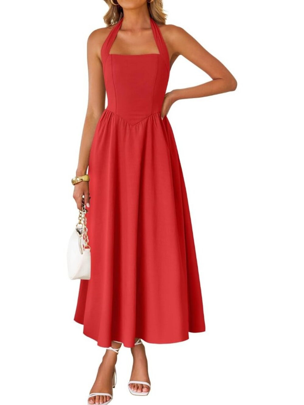 Women's Summer Sleeveless Halter Red Midi Dress Off Shoulder Flowy Long Dress